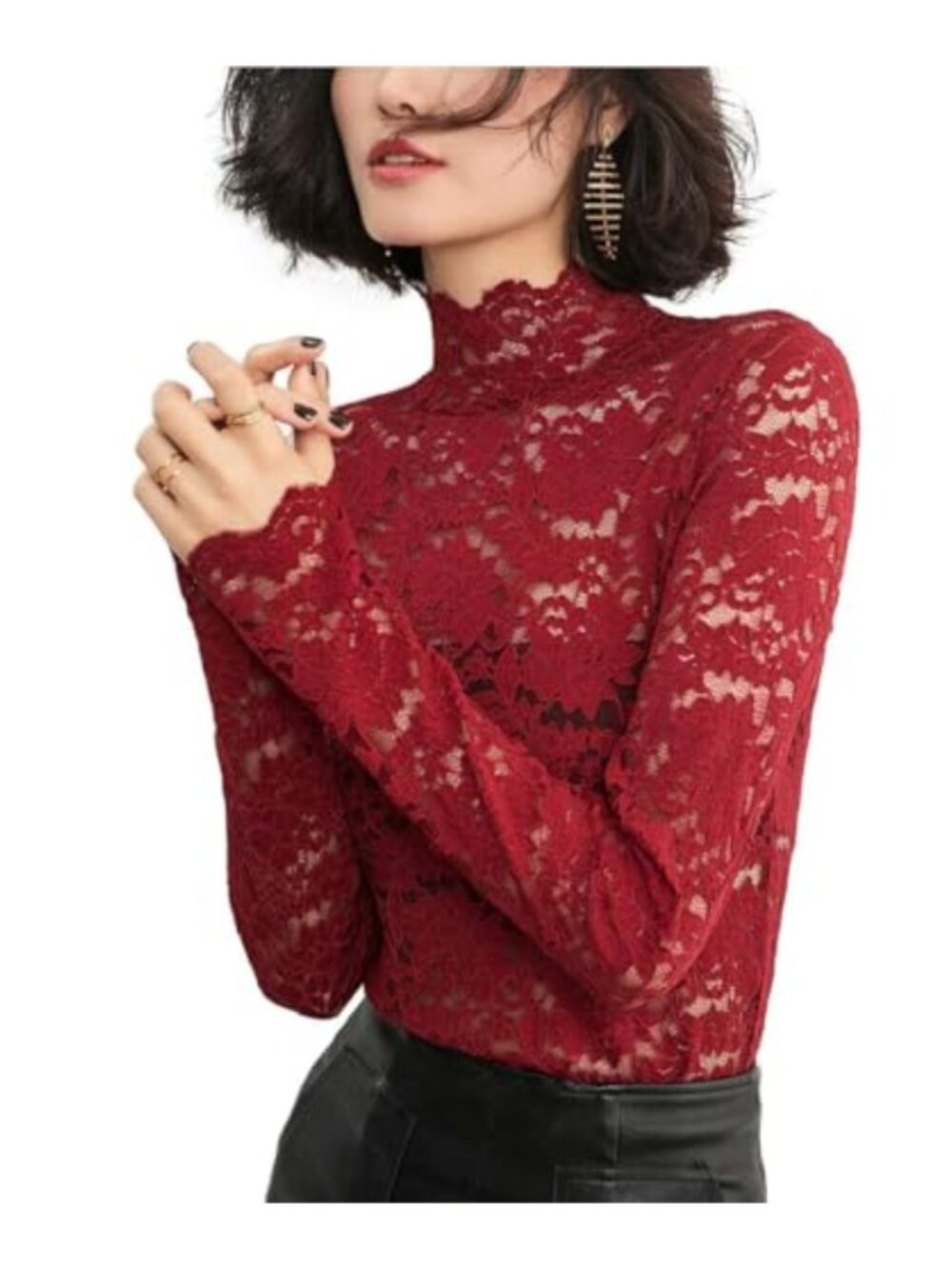 Floral Lace Blouse 2-Piece Set with Camisole Eyelash Trim Long Sleeve